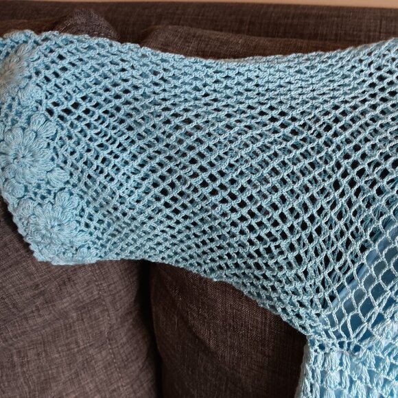 Rare Vintage Blue Crochet Mini Dress Boho Floral Fishnet Sleeves XS/S - Picture 7 of 15